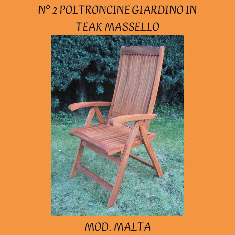 SET N° 2 SEDIE POLTRONCINE PIEGHEVOLI CON SCHIENALE REGOLABILE MALTA IN LEGNO TEAK MASSELLO THAILANDESE